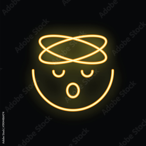 Neon yellow shocked emoji with eyes wide open and mouth open in surprise is glowing on black background