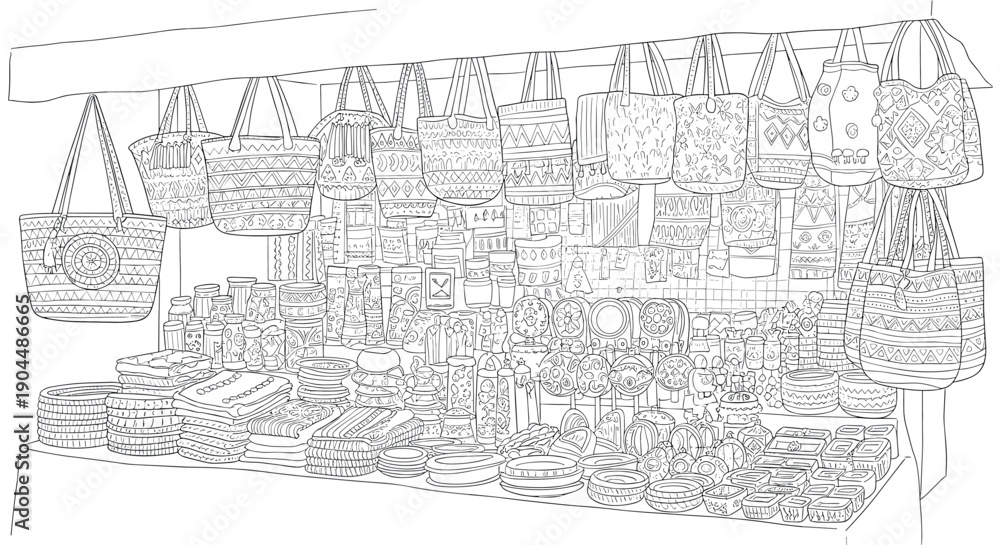 Obraz premium Intricate line art depicting a vibrant artisan market stall display