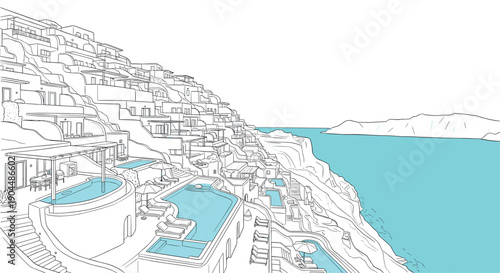 Seaside linear architecture with infinity pools overlooking the ocean