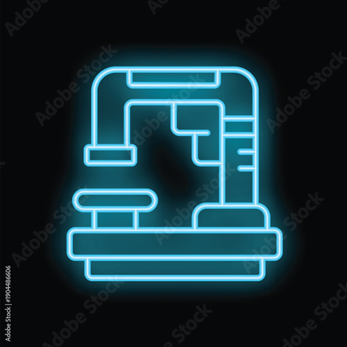 Glowing neon line icon of an espresso machine brewing coffee using a filter basket portafilter