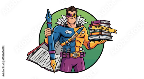 Dynamic literary hero inspiring authors to achieve publishing success and bestseller status, championing creative storytelling and dedicated writing