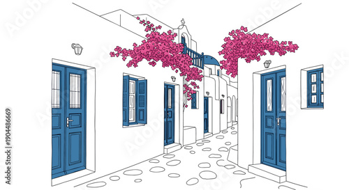 Greek island alleyway with blue doors and pink flowers in minimalist style