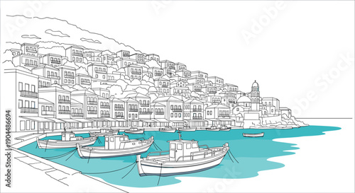 Coastal townscape with boats and hillside houses in linear style