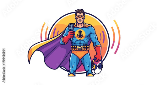 A dynamic vector illustration of a superhero mascot holding a microphone and headphones, representing a powerful voice for a podcast or broadcast