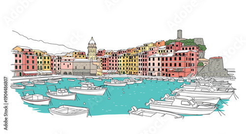 Charming coastal town with colorful buildings and boats in a calm harbor