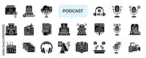 Podcast Icon set Collection in Solid Glyph Style. podcast, audio, voice, microphone, recording