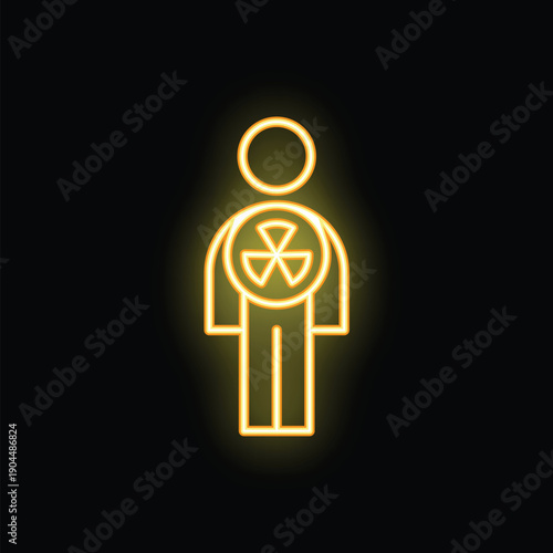 Abstract neon yellow stick figure wearing a radioactive symbol on a black background