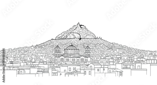 Detailed cityscape and mountain sketch with church and urban landscape