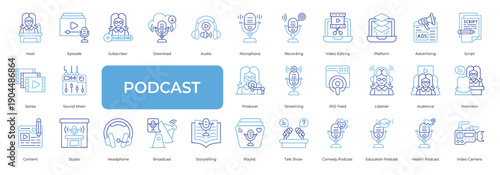 Podcast Icon set Collection in Line Two Color Style. podcast, audio, voice, microphone, recording
