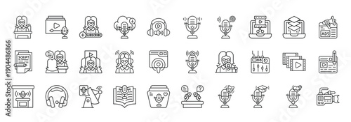 Podcast Icon set Collection in Line Style. podcast, audio, voice, microphone, recording