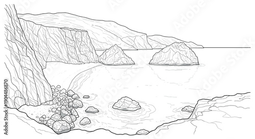 Coastal cliff line art drawing of rocky beach landscape for coloring
