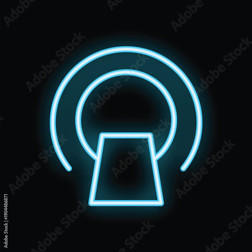 Glowing blue neon icon of a tomography scan machine on a black background
