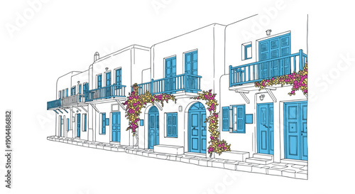 Charming greek village street with white houses and blue accents