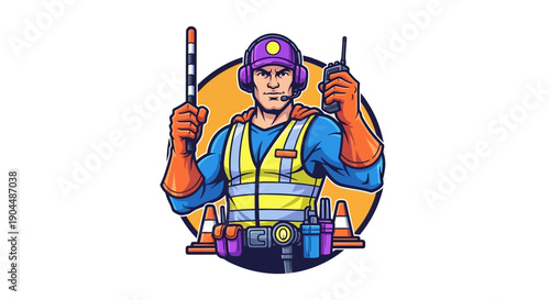 Illustration of a traffic controller, a construction site professional in a reflective vest, holding a signal wand and walkie-talkie, managing zones and ensuring site safety