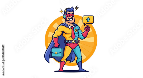 Dedicated customer service superhero illustration showcasing exceptional support and business growth, embodying success, communication, and professional achievement