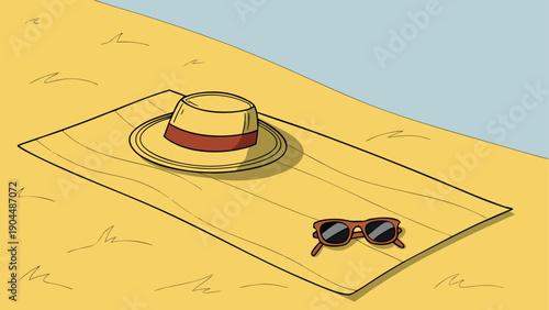 Stylish beach setup with hat and sunglasses on vibrant towel, evoking relaxation and summer fun