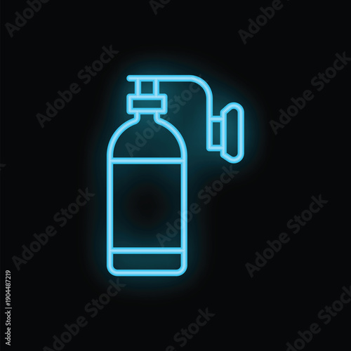 Glowing neon icon of oxygen tank for breathing underwater on a black background