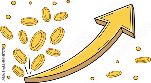 A cartoon illustration of a large arrow pointing upwards, surrounded by scattered coins, symbolizing financial growth and success.
