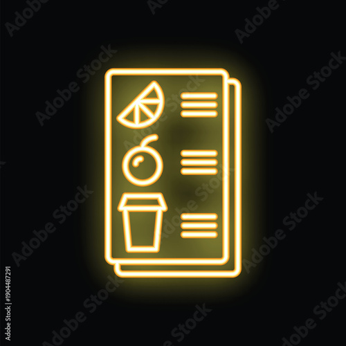 Bright yellow neon sign of a food and drinks menu with prices, ideal for restaurants, bars, and cafes