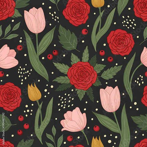 Seamless floral pattern with hand-drawn roses, tulips, and sunflowers for elegant spring and summer background design