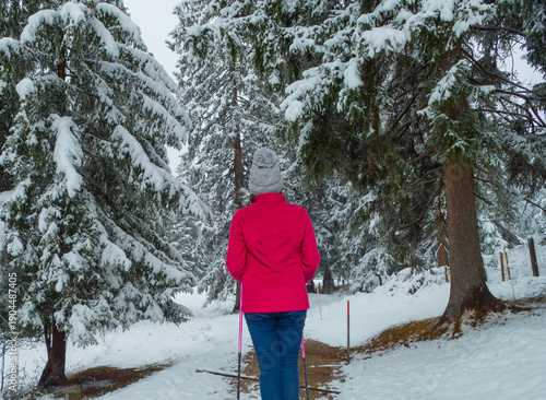 Trekkerin Wanderin auf Wanderweg Winter Schnee