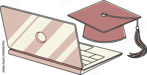 Isometric light pink laptop with a dark pink graduation cap and tassel next to it, isolated on white background