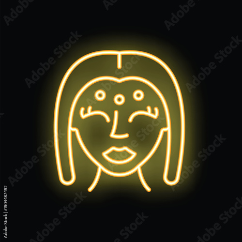 Yellow neon sign depicting a woman with third eye, glowing on black background