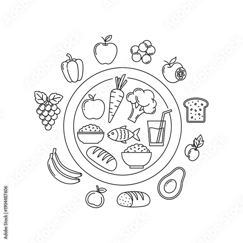 Assorted food items on a plate and surrounding it.