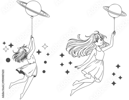 girls floating in space with planets and stars around them 