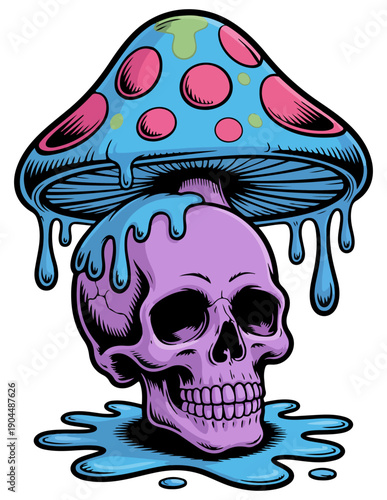 illustration of a purple skull melting under a colorful mushroom