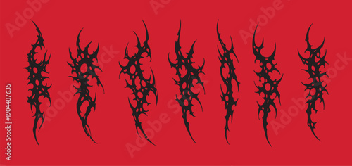 Set of Cyber Sigilism Tattoo Elements. Gothic Abstract Sharp Vector Shapes for Streetwear Design and Y2K Neo-Tribal Aesthetic. Black Edgy Graphic Assets Isolated.