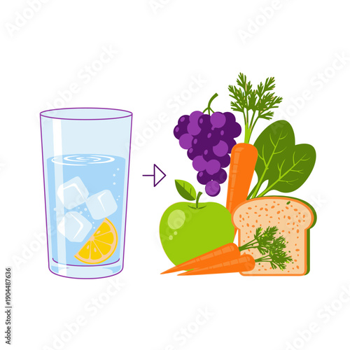Healthy eating concept with water transforming into fresh fruits and vegetables.