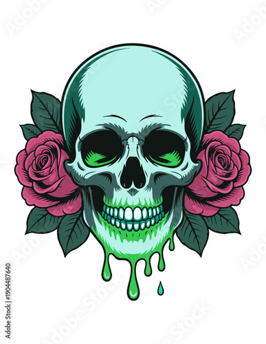A skull with green dripping eyes and vibrant red roses 
