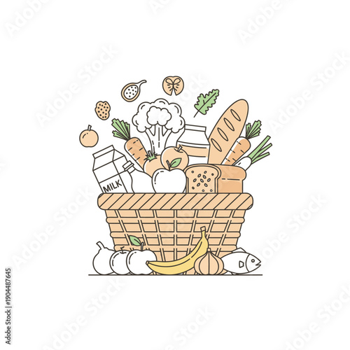 Assorted food items in a wicker basket with fresh produce.