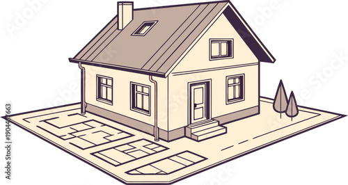 Modern house design concept with architectural blueprint illustration