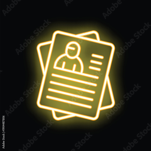 Yellow neon icon of resumes with candidate profiles glowing on dark background illustrating concept of recruitment for hr departments