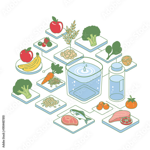 Healthy food and drink ingredients arranged around a blender.