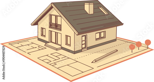 Modern house blueprint design with floor plan and landscaping