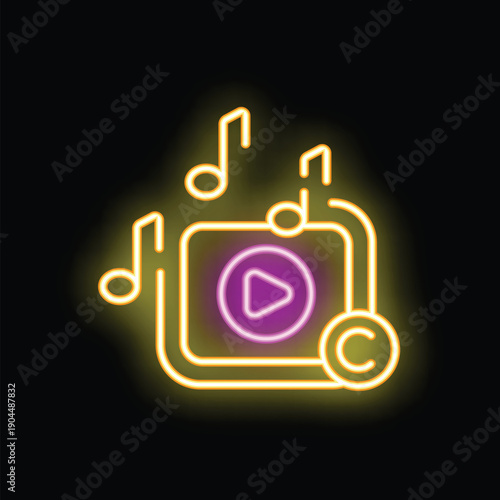 Neon copyright symbol over music player with notes coming out on black background