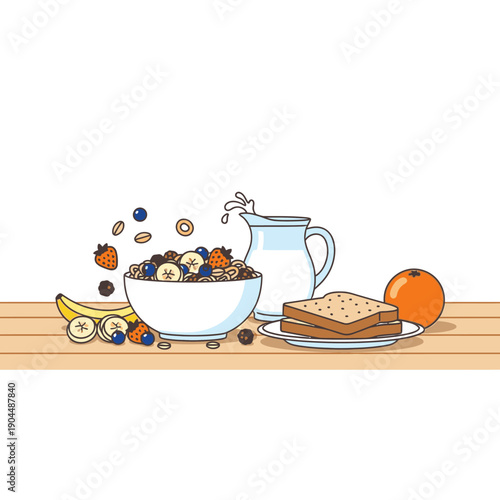 Breakfast with cereal, toast, and fresh fruit on a wooden table.