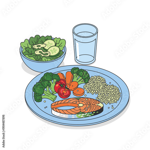 Healthy meal with grilled salmon, quinoa, and mixed vegetables.