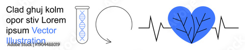 Genetics, cardiovascular health, medical research, biology, health monitoring, precision medicine. Test tube with DNA strand, circular arrow heart with veins EKG line. Genetics and cardiovascular