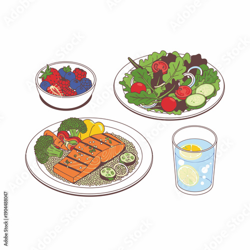 Healthy meal with grilled salmon and fresh salad.