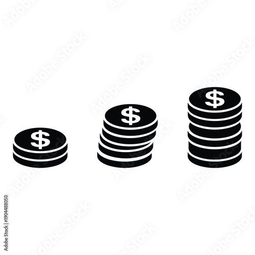 Three stacks of coins with dollar signs on them, representing different amounts of money. isolated on white background, Vector