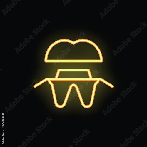 Yellow neon icon representing the concept of placing a dental crown on a damaged tooth