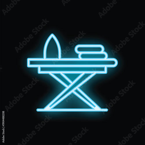 Glowing neon line ironing board with ironing cloth icon isolated on black background