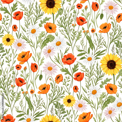 Seamless floral pattern with hand-drawn colorful wildflowers, poppies, and sunflowers for spring and summer background design