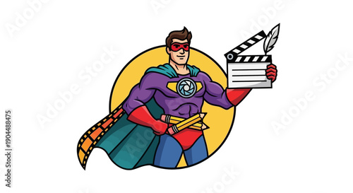 Superhero with a cape, holding a movie clapperboard and a pen, symbolizing creativity, storytelling, and entertainment industry for film production and writing services