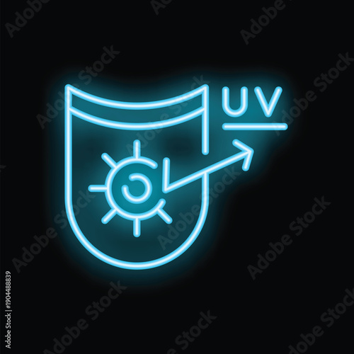 Neon blue icon of sunscreen protecting skin from the sun with arrow pointing to uv
