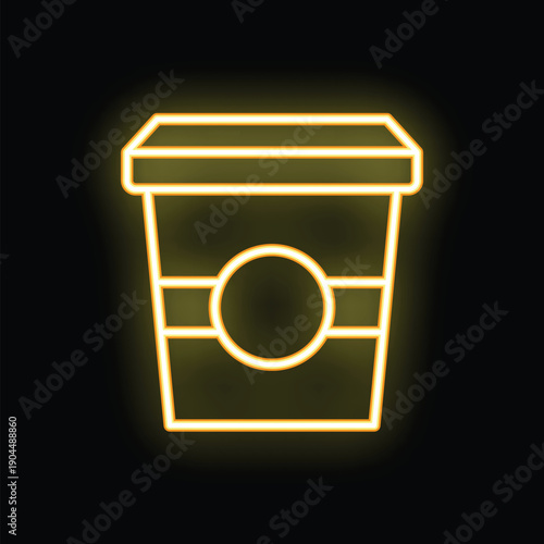 Bright yellow neon sign depicting a disposable coffee cup, glowing on a black background